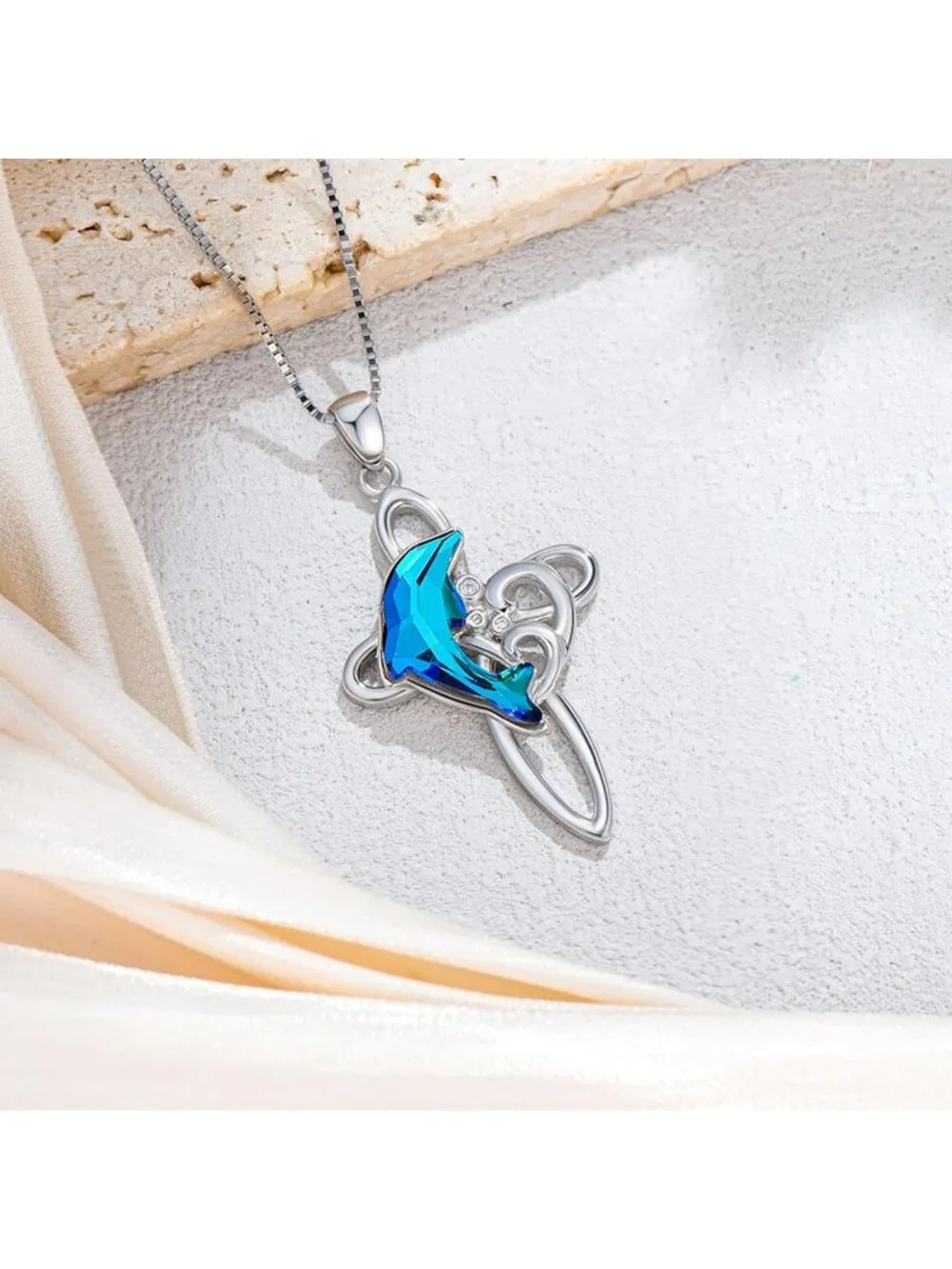 Women's Blue Sterling Silver Dolphin Beach Themed Pendant Crystal Necklace